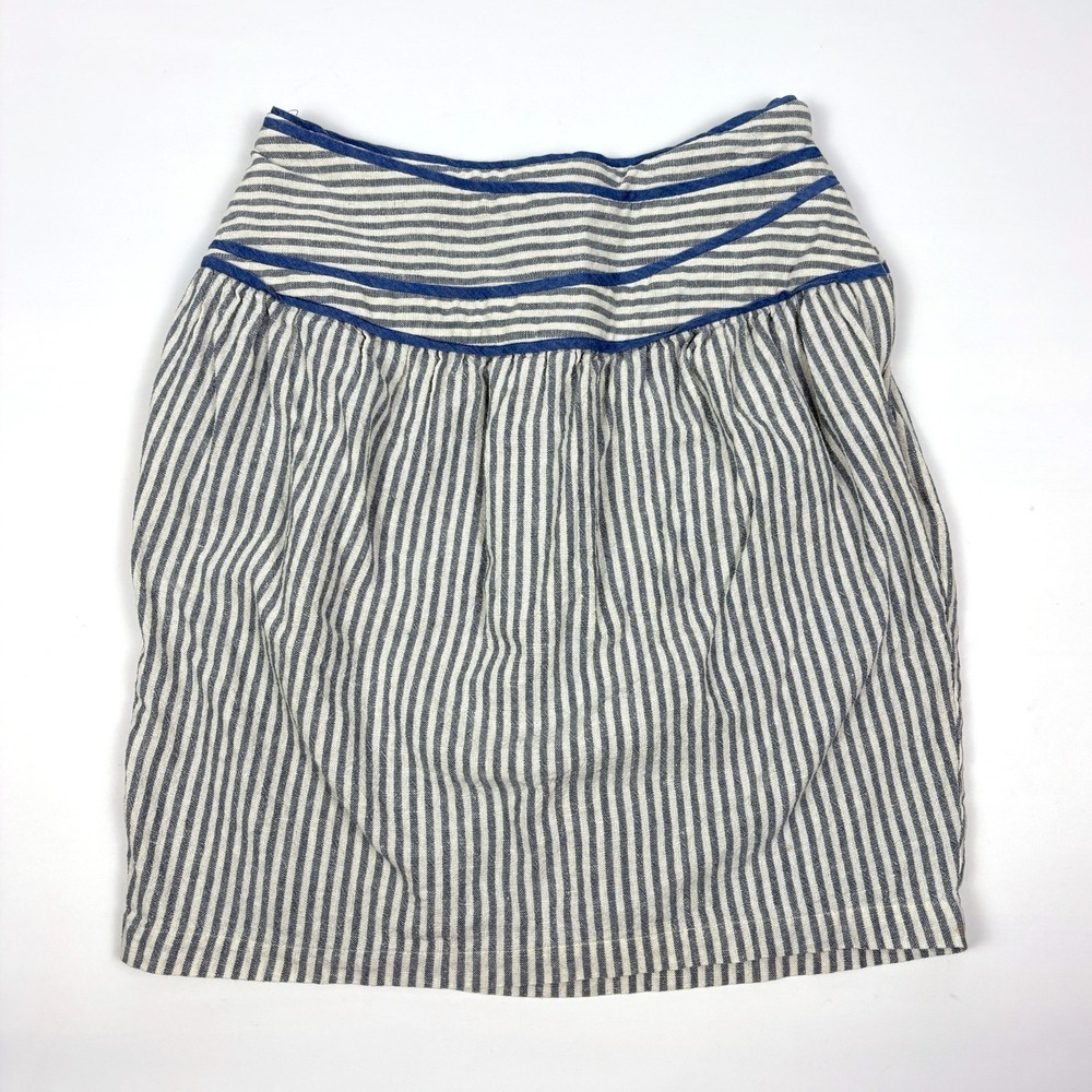 Anthropologie Hype‎ Calm Seas Linen Skirt Womens Sz 2 Blue White Lined Pockets